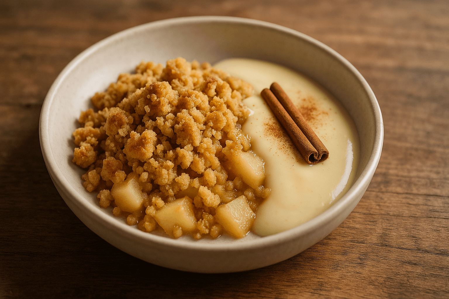 Apfel-Zimt-Crumble mit Vanillesauce